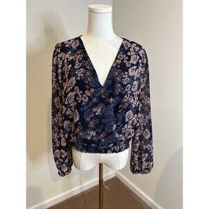 Japna Floral Print Long Sleeve Smocked Waist V Neck cropped Top Large